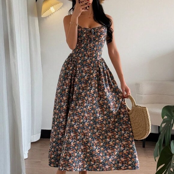 Multicolor Boho Womens Elegant A-Line V-Neck Cinched Waist Flared Hem Back Dress - Picture 5 of 7